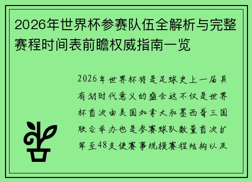 2026年世界杯参赛队伍全解析与完整赛程时间表前瞻权威指南一览