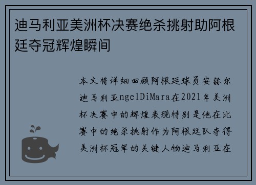 迪马利亚美洲杯决赛绝杀挑射助阿根廷夺冠辉煌瞬间